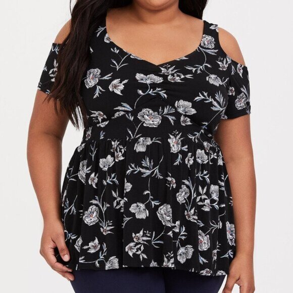 Torrid Black Floral Cold Shoulder Studio Knit Peplum Top Size 3 Office Casual - Picture 3 of 8